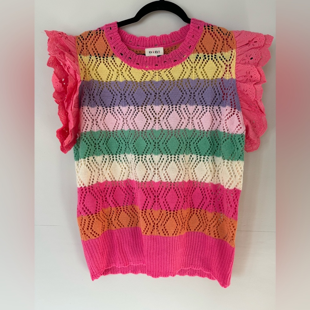 Pink Pointelle Multi Color Striped Ruffled Crochet Tunic Top - Picture 3 of 7